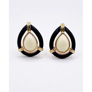 Vintage 80s Daria Clip Earrings Black Gold Teardrop Ivory Cabochon